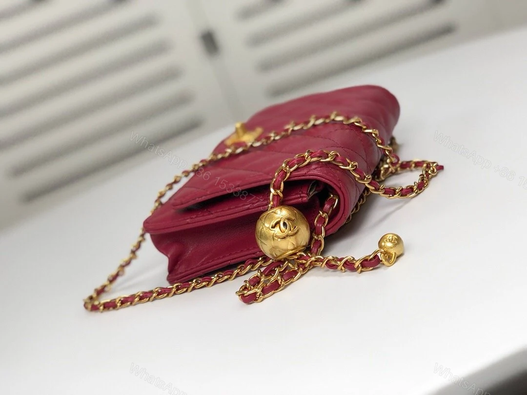View 6 of WALLET ON CHAIN Grained Shiny Calfskin & Gold-Tone Metal Dark Burgundy