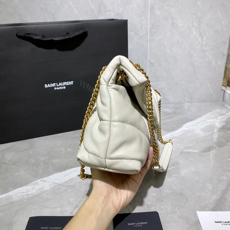 View 9 of Quilted White Crossbody with Gold Hardware â€“ Signature Saint Laurent Bag