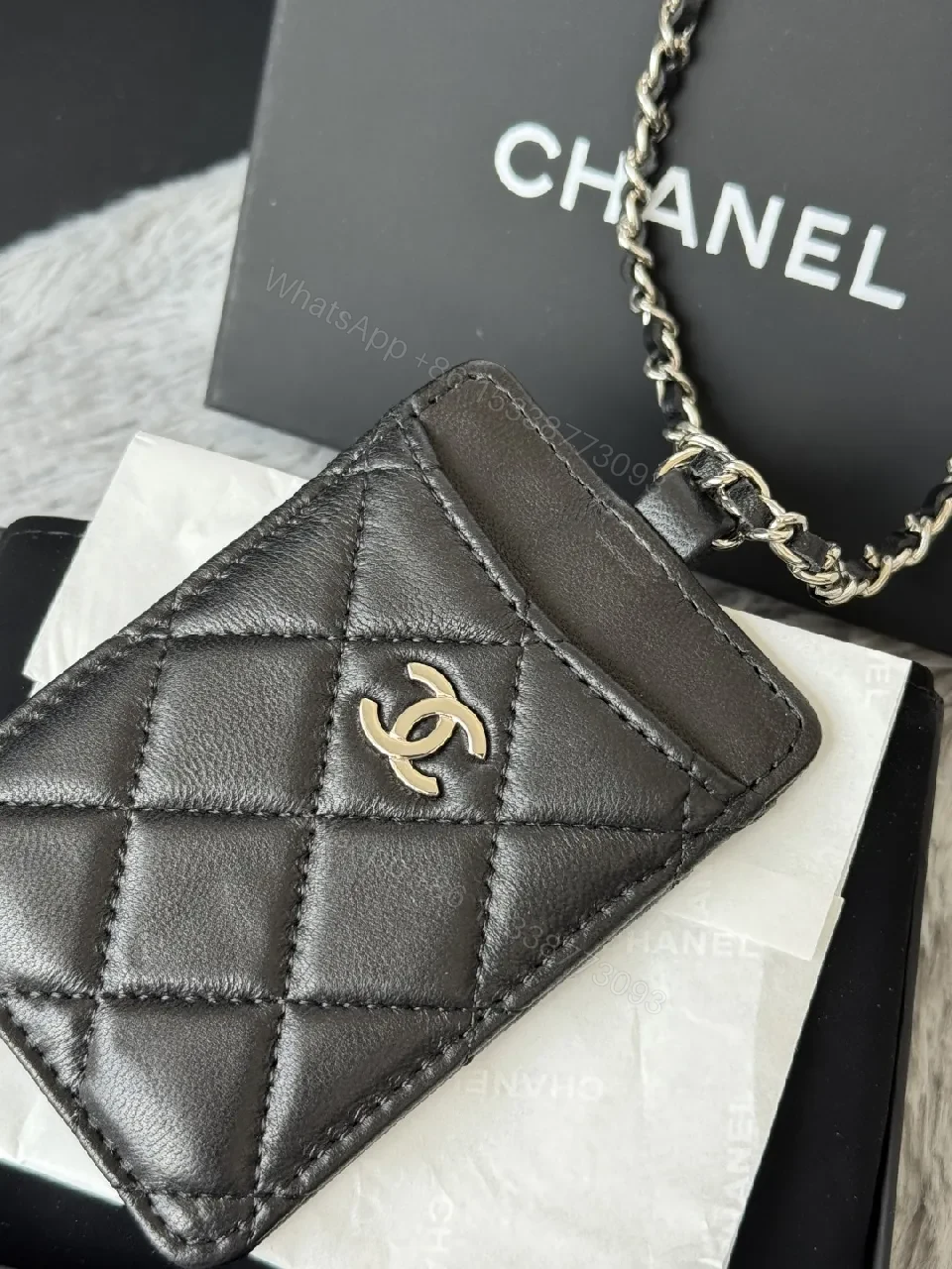 View 4 of Quilted Leather Cardholder with Chain Strap – Black, Luxe Style