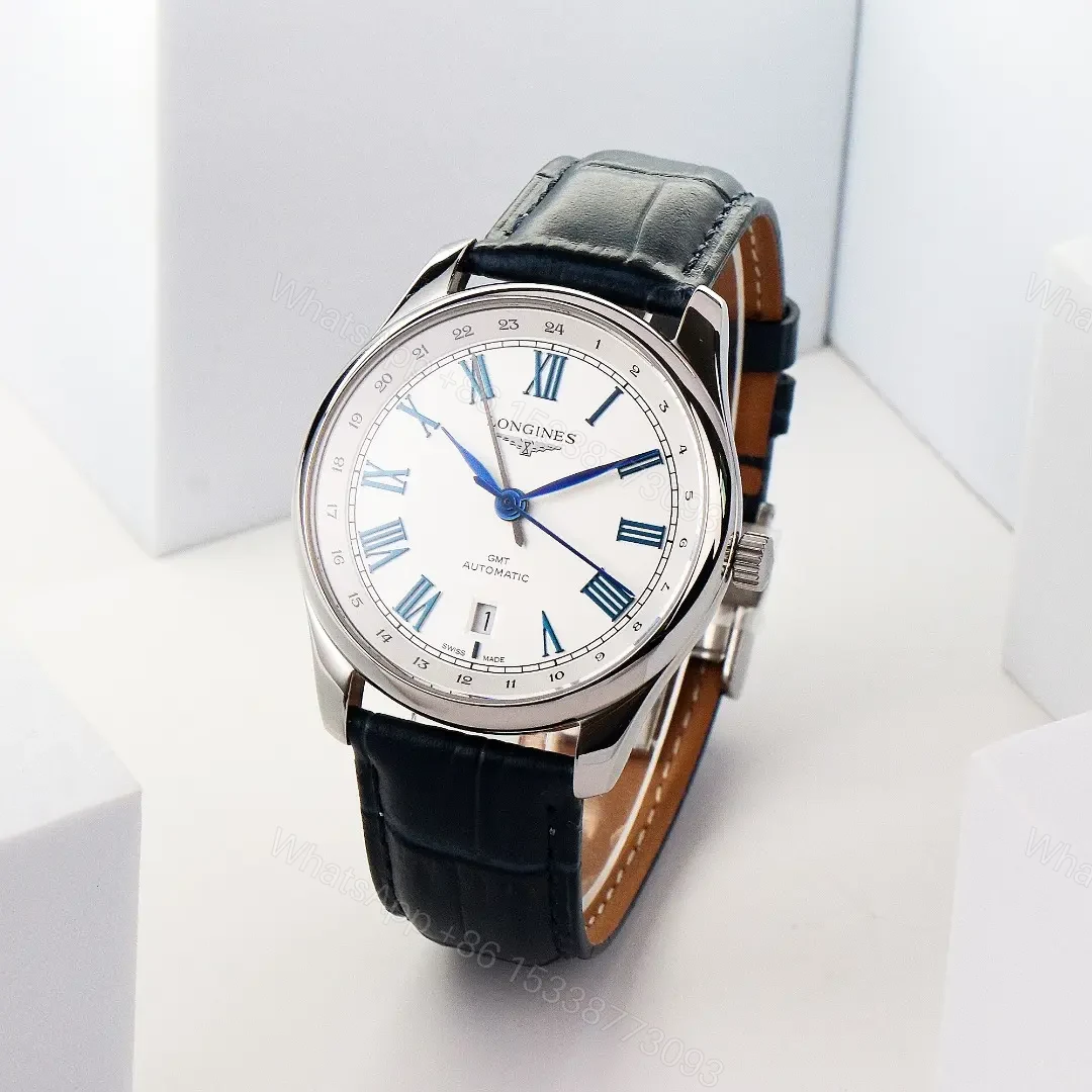 View 2 of Longines Master Collection GMT Watch White Dial with Blue Hands 40mm Stainless Steel Case Italian Grey Leather Strap