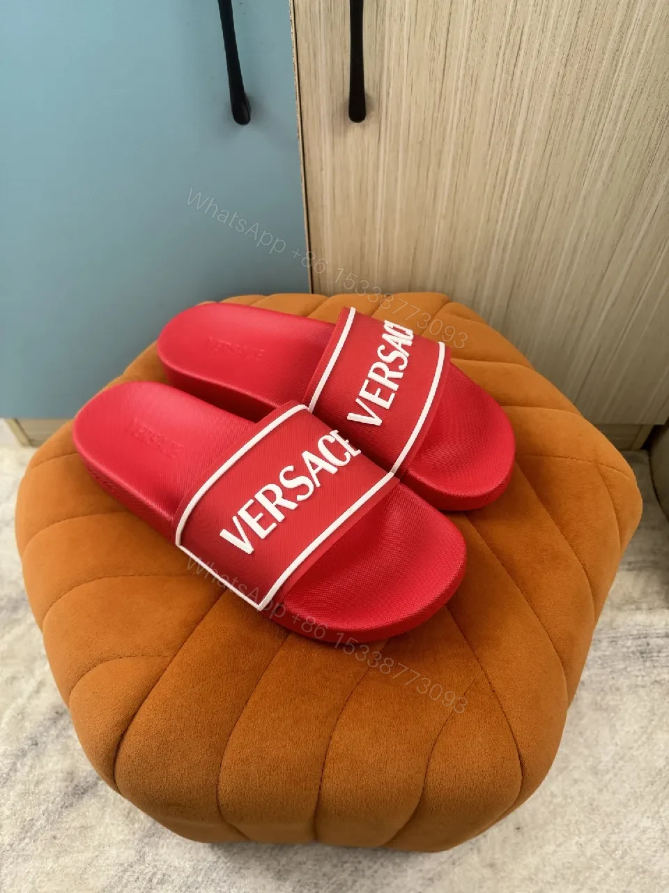 View 5 of Bold Red Luxury Slide with Signature Versaace Stride
