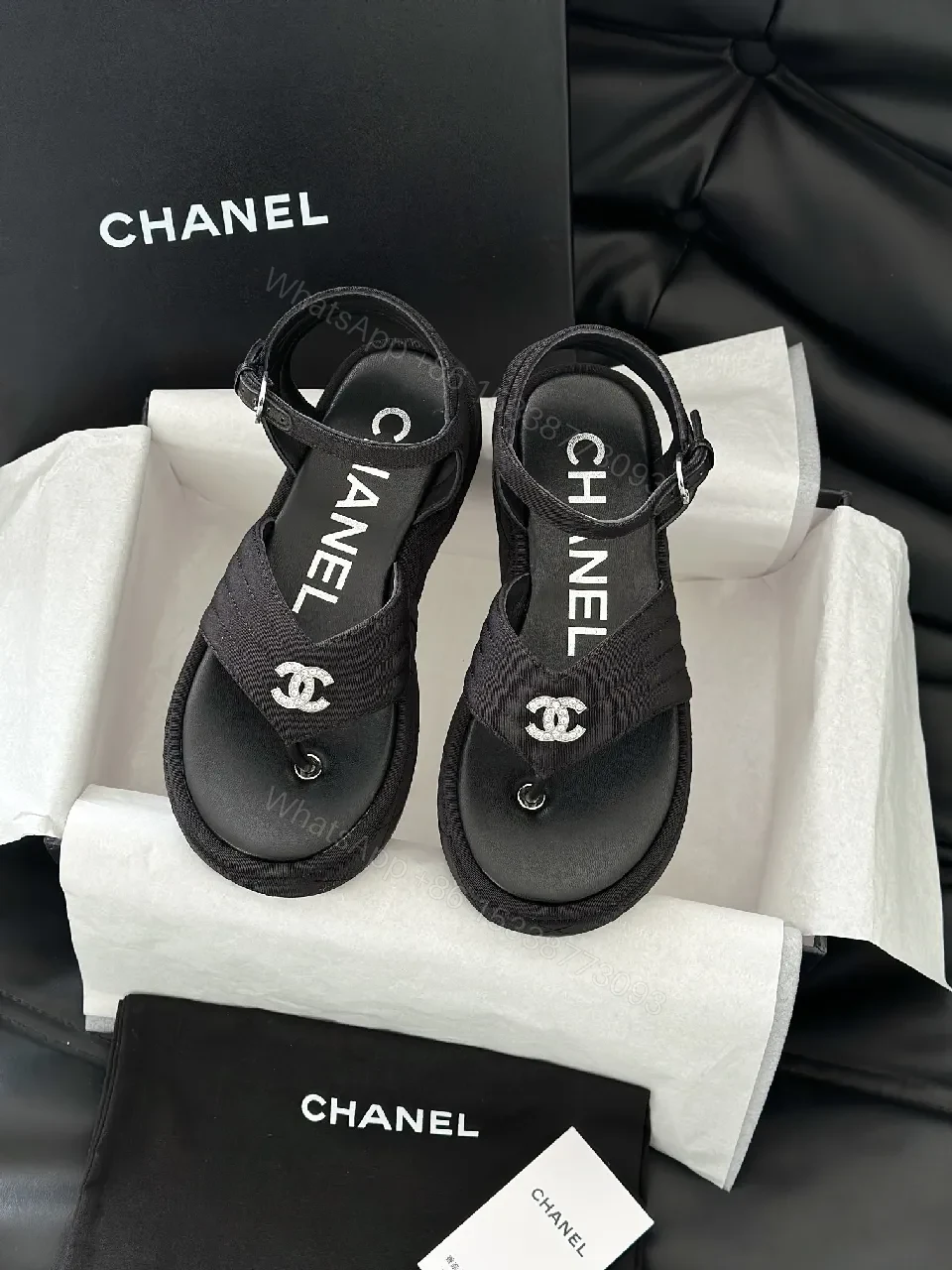 View 6 of Lux Black Sandals • Textured Upper • Logo Strap Luxe Comfort
