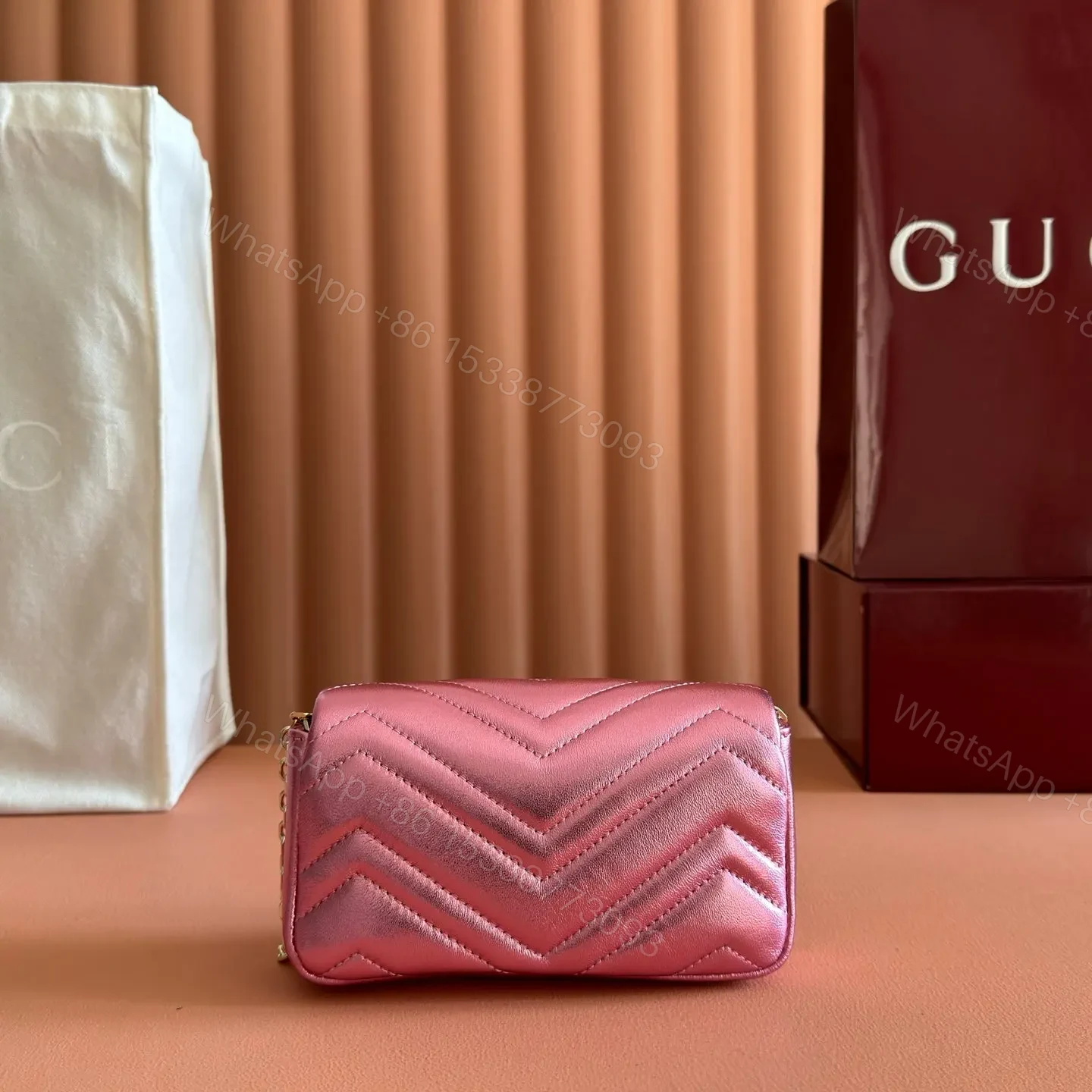 View 5 of GUCCI GG MARMONT BAG 16 IN METALLIC PINK LAMBSKIN