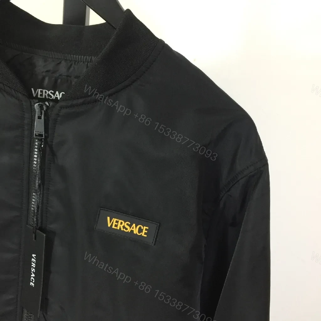 View 2 of Black Bomber Jacket - Versace Patch, Minimalist Edge, Windproof Outerwear