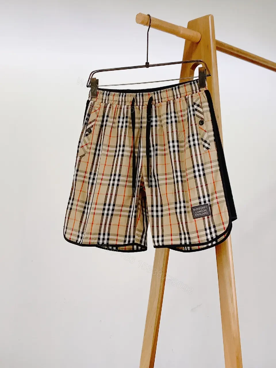 View 6 of Beige Plaid Cotton Sport Shorts with Pockets