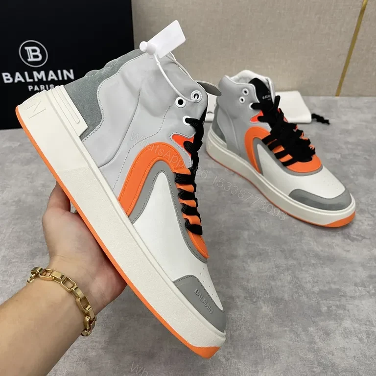 View 3 of Balmain Orange-Accented Leather High-Tops Sneakers
