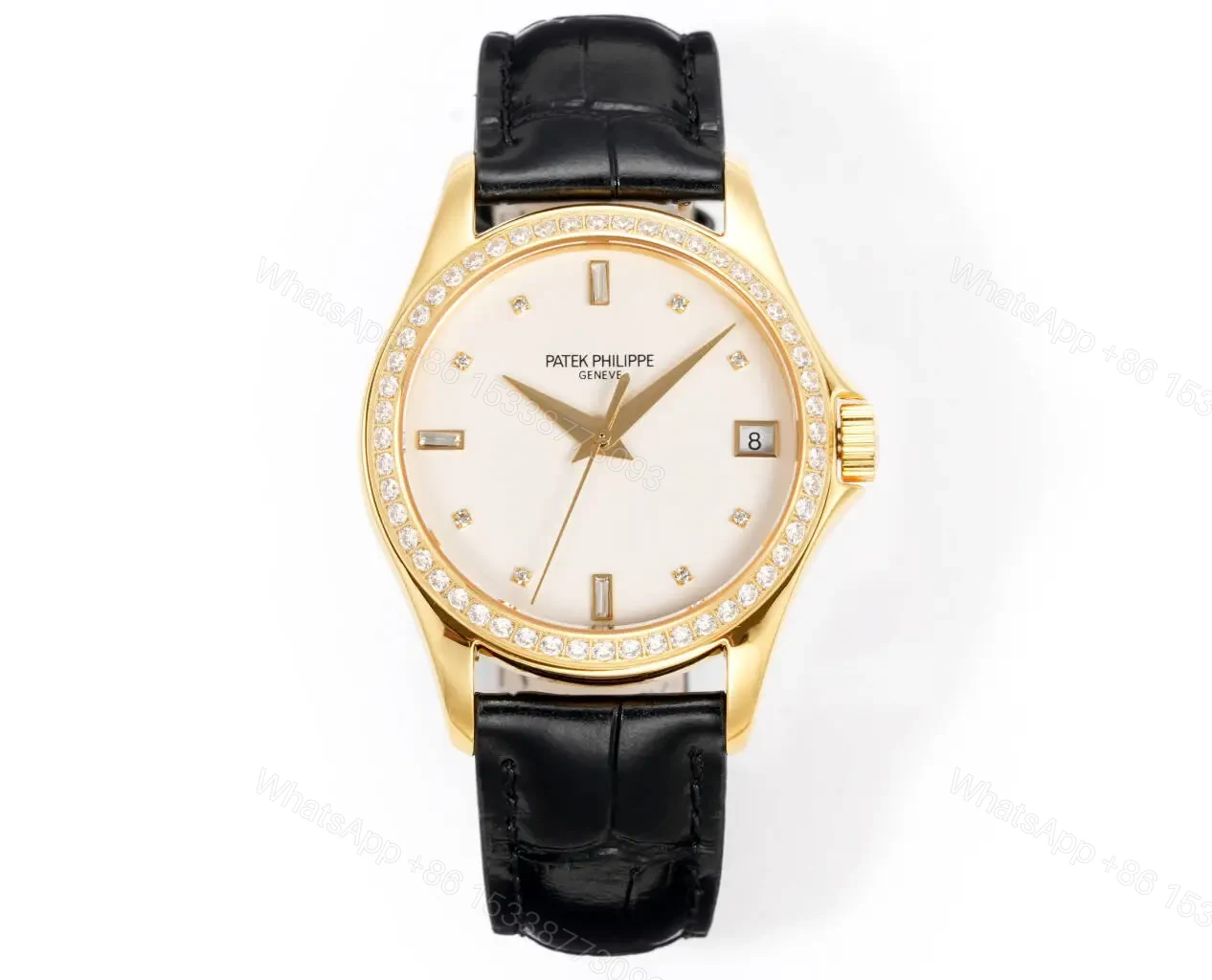 View 2 of Patek Philippe Calatrava Diamond Watch Gold Case Leather Strap Ultimate 37MM PP-CALA-DIA-GOLD37