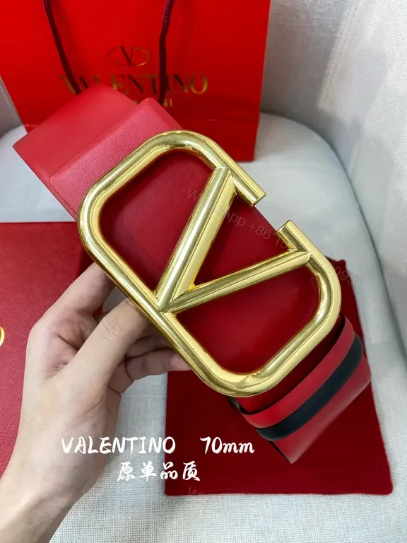 View 3 of Bold Red Belt with Gold V Buckle - Valentino Garavani 70mm Leather Belt