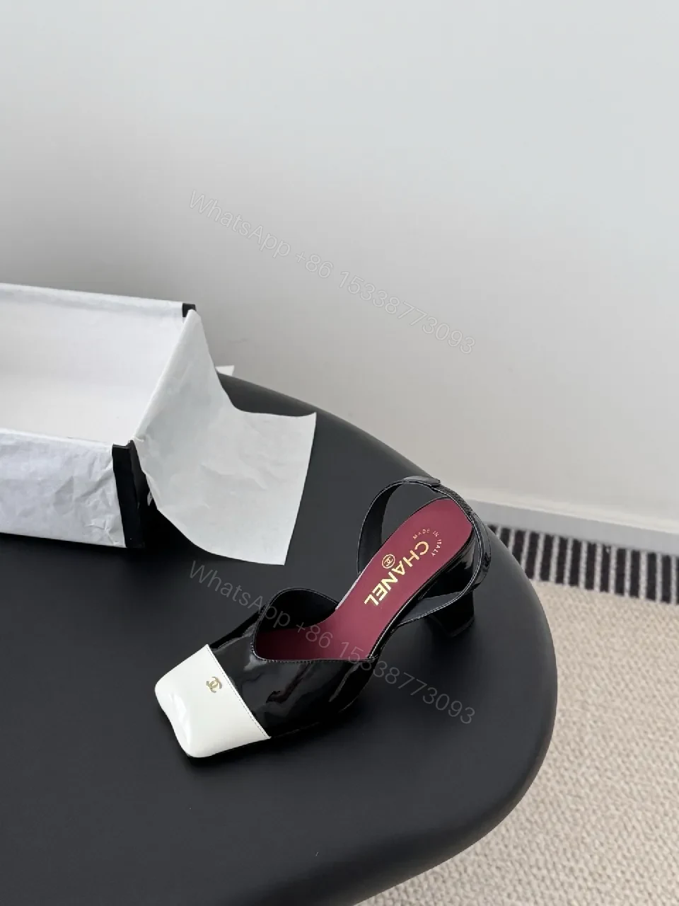 View 9 of White-to-Dark Patent Open-Toe Slingback Heels with Block Heel