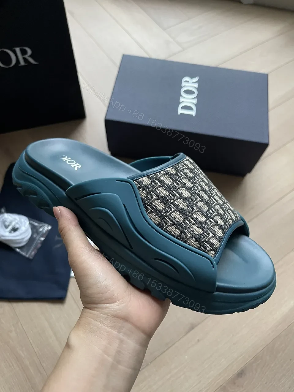 View 6 of Teal-Monogram Textile Slides: Luxe Comfort Footbed
