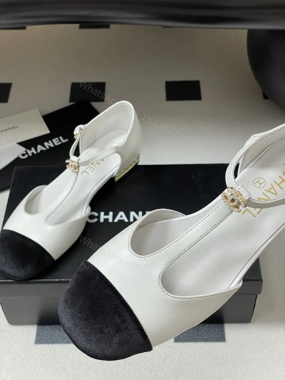 View 7 of White Leather Mary Jane Heels with Black Cap Toe and Pearl Buckle