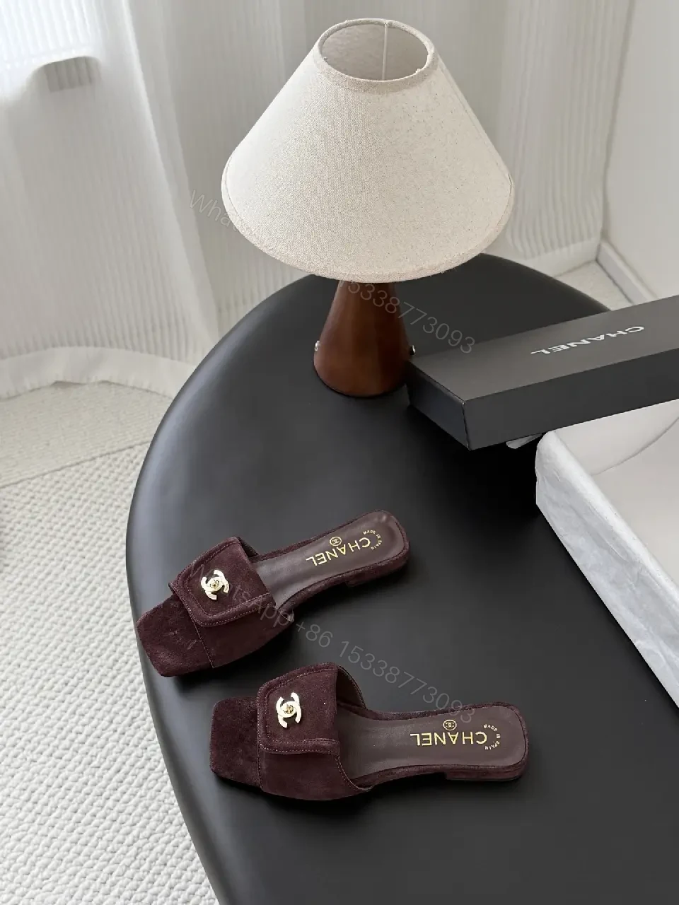 View 3 of Suede Mules with Gold Logo Hardware — Burgundy, Square-Toe, Cushioned Comfort