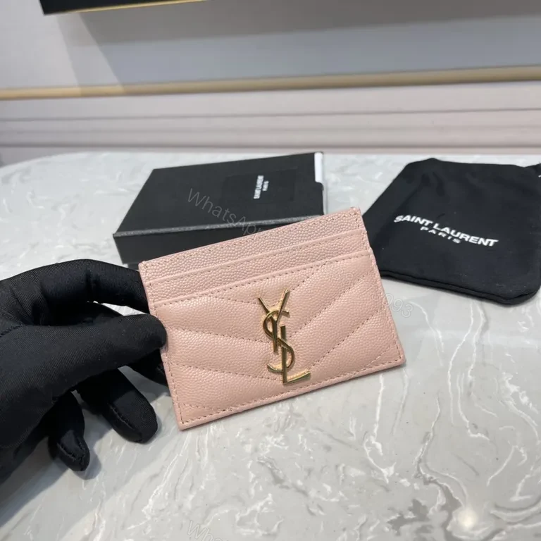 Pink Chevron-Quilt Card Holder with YSL Logo, Calfskin Leather — view 1