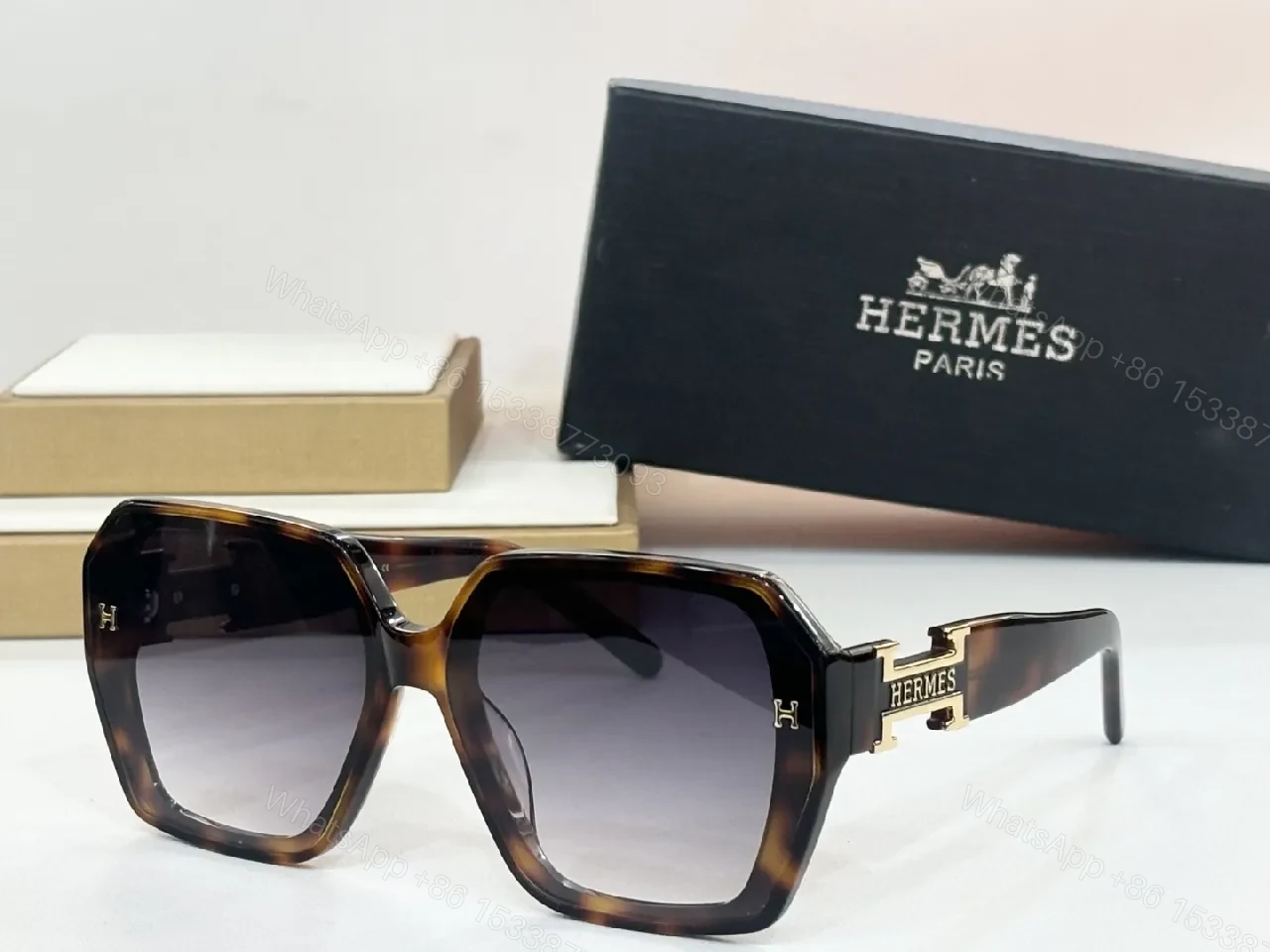 View 3 of Olive-Gold Geometric Sunglasses with Hermes-Inspired Hardware