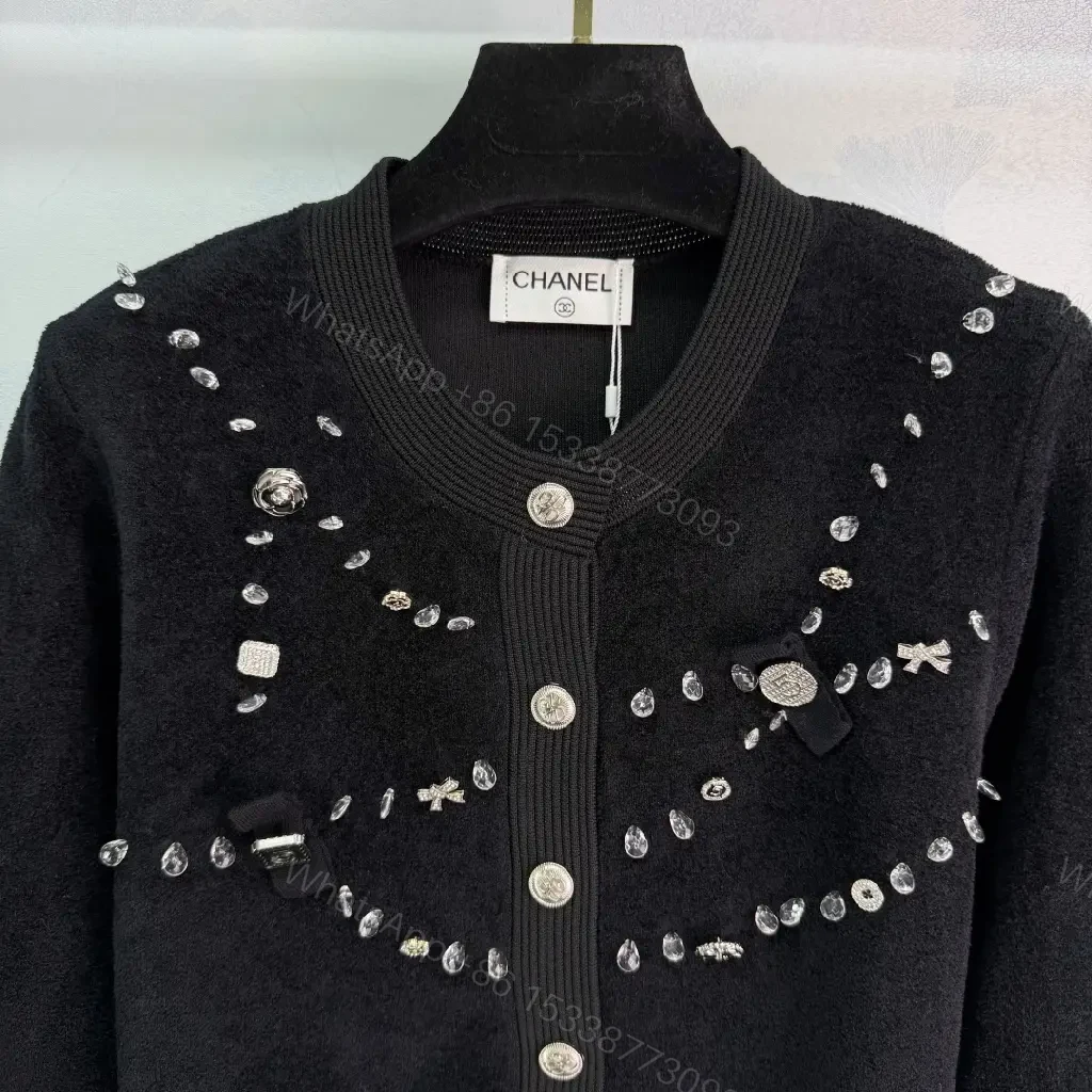 View 8 of Black Knit Cardigan with Crystal Embellishments - Luxe, Cropped, Buttoned