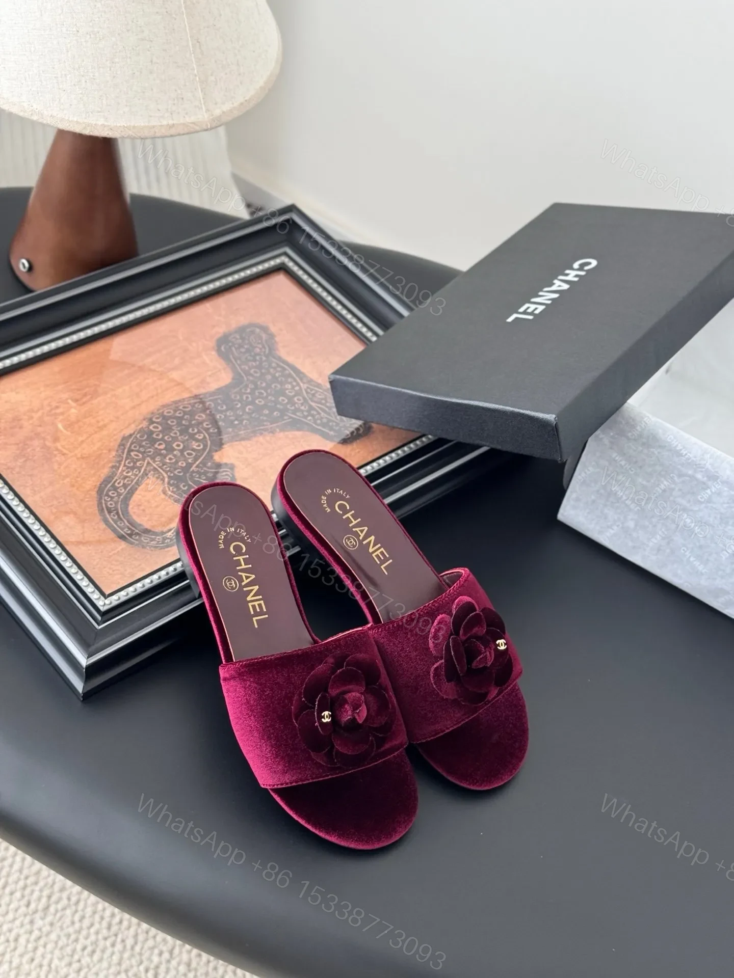View 6 of Chanel Women Burgundy Velvet Slides