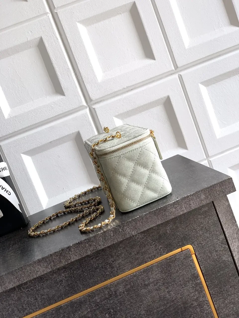 View 6 of mint green quilted leather shoulder bag with gold chain and logo charm