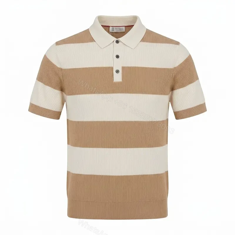 Camel & Cream Ribbed Stripe Polo Shirt with Button Placket — view 1