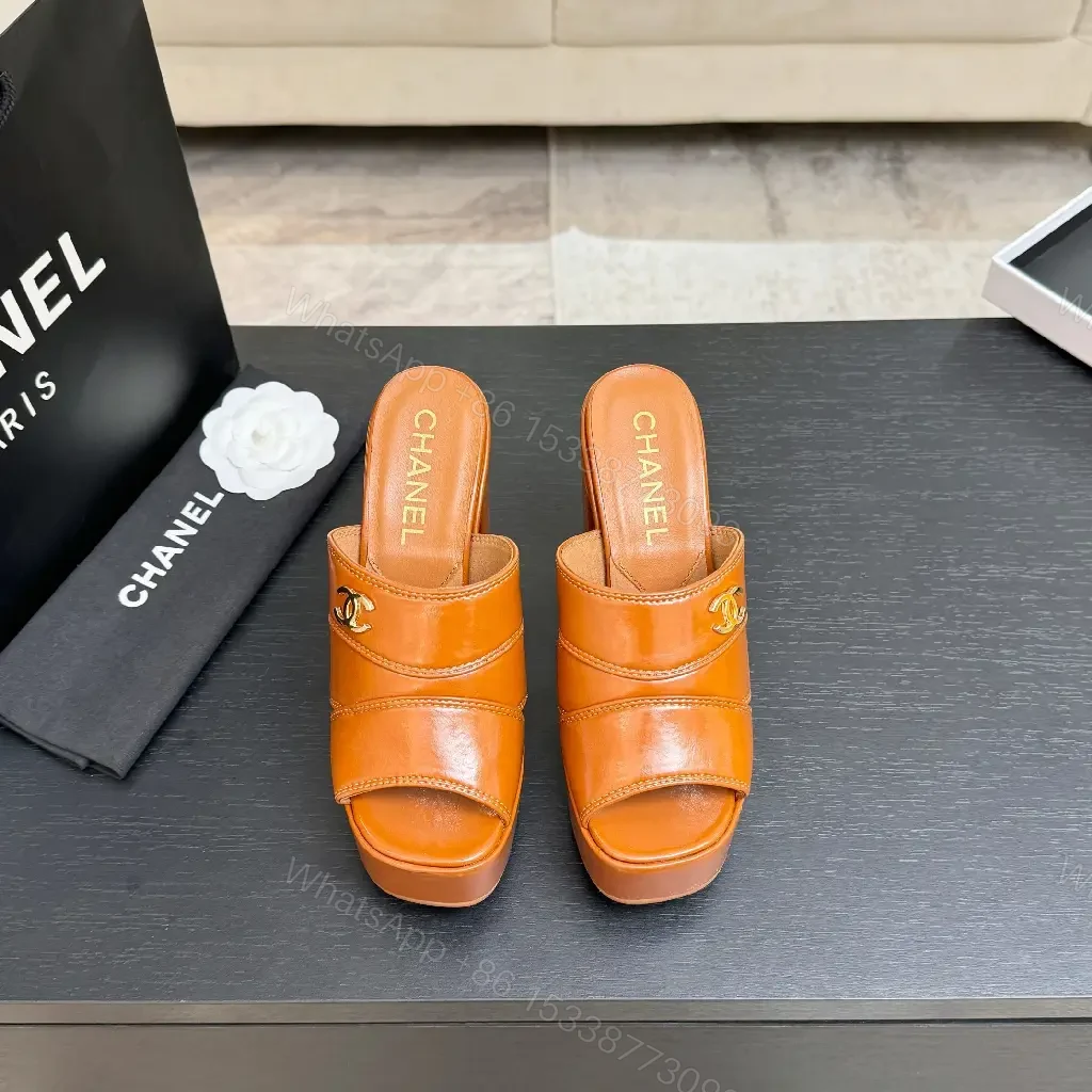 View 10 of Chunky Leather Mules with Logo Detail, Platform Heel, Open Toe