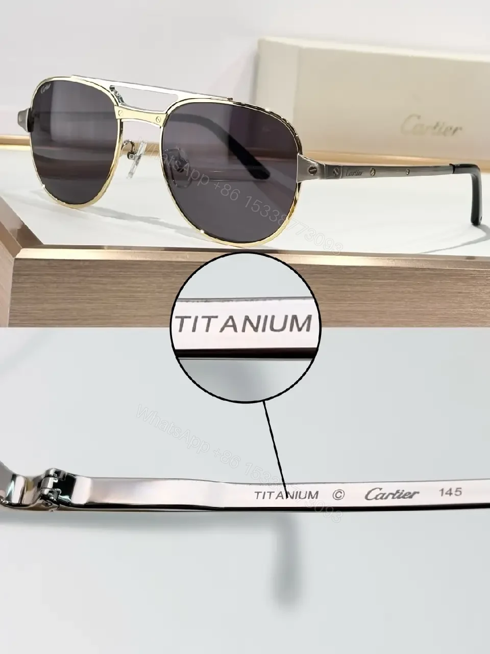 View 9 of Titanium Frame Sunglasses: Luxury Navy Glasses, Subtle Cartier Detail