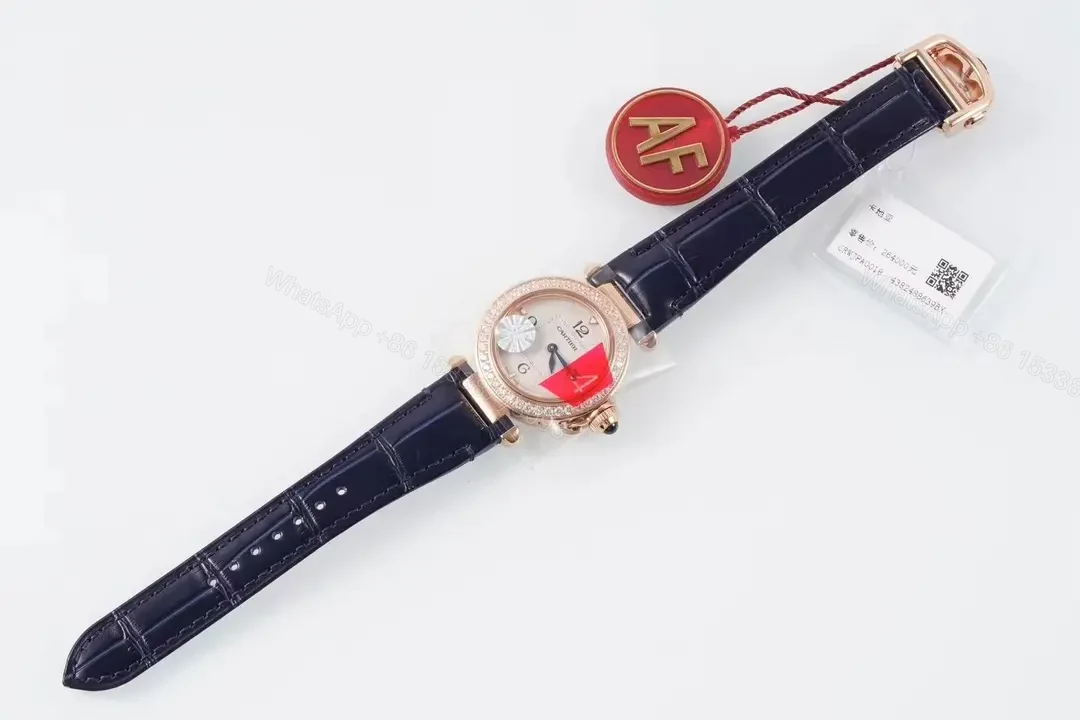 View 2 of GS Factory Cartier Pasha de Cartier Women’s Watch, 30mm Rose Gold Case with Diamond Bezel, Blue Leather Strap, Quick Change Feature