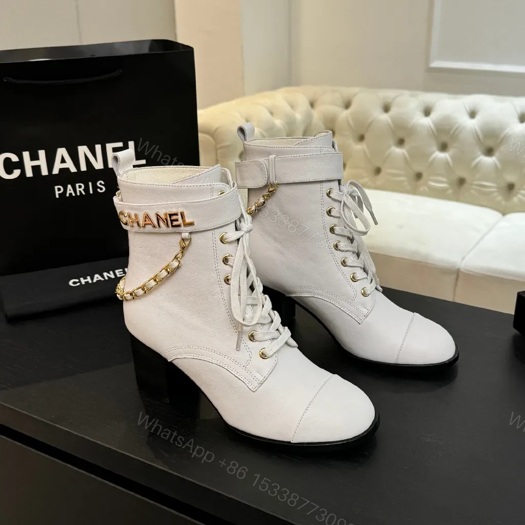 White Leather Combat Boots with Gold Chain Detail — view 1