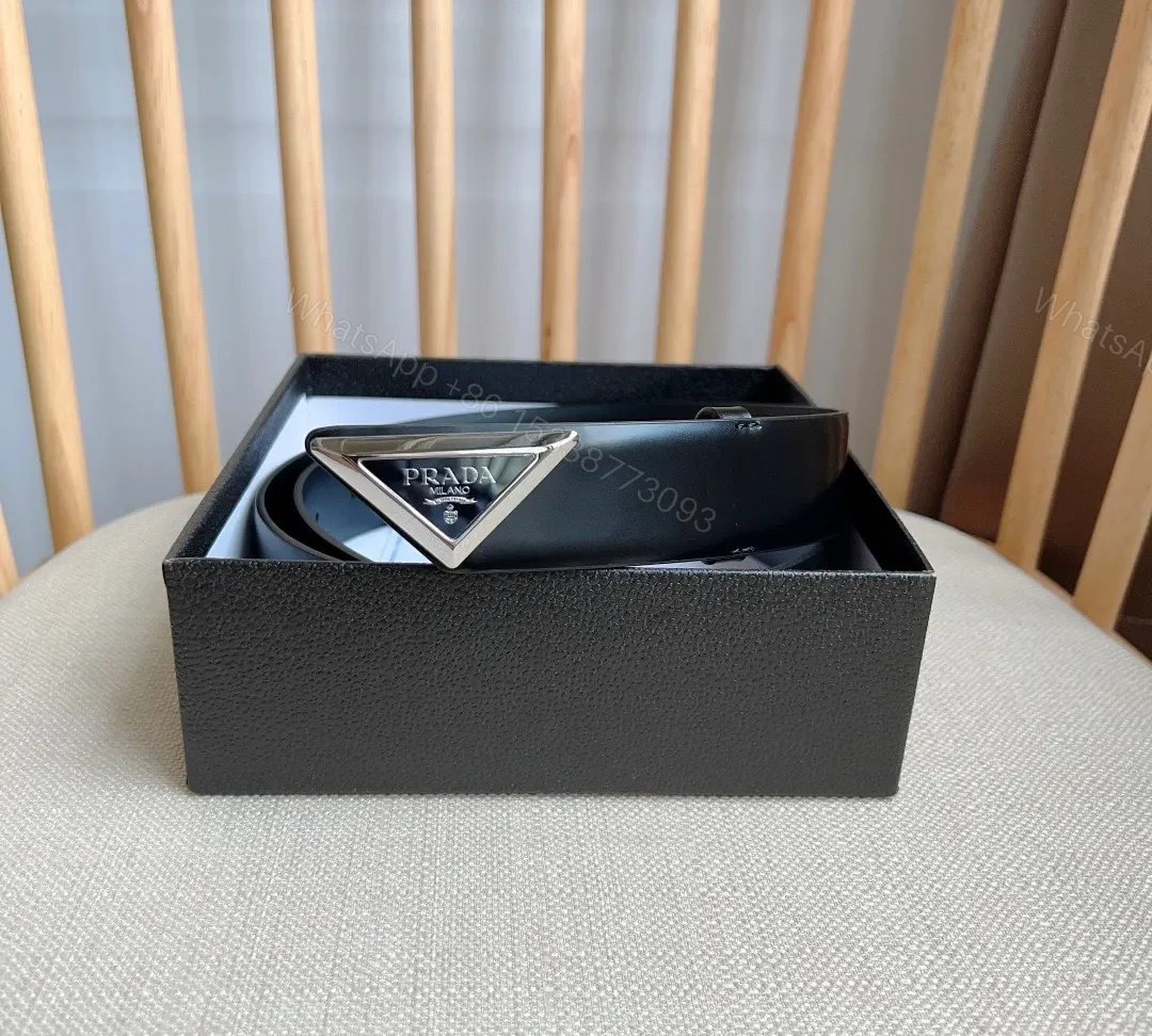 View 7 of Sleek Black Bonded Leather Belt with Prada Triangle Plaque
