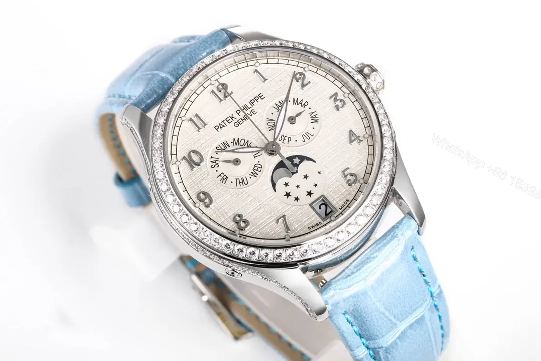 View 3 of Patek Philippe Complications Series Annual Calendar Moon Phase Women’s Watch 4947R/4947G 4948R/4948G White Dial with Blue Leather Strap Diamond Set Case