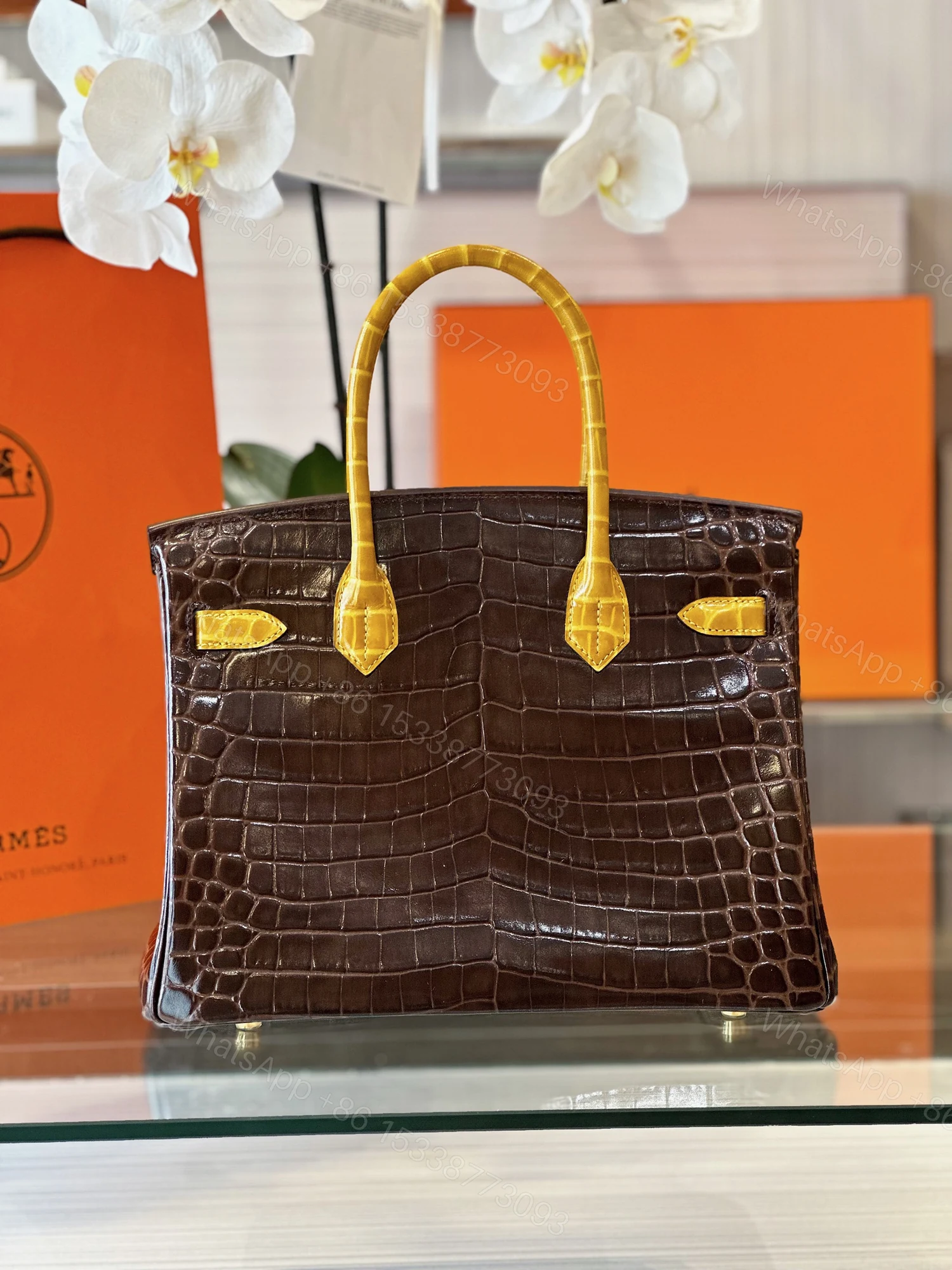 View 7 of Hermes Birkin 30 Brown/Gold Genuine Crocodile Leather Gold Hardware – Custom Made