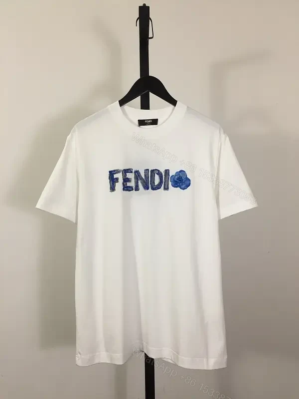 White Cotton/Poly blend Short-sleeve Crew Neck Bold FENDI logo with blue flower T-shirt — view 1