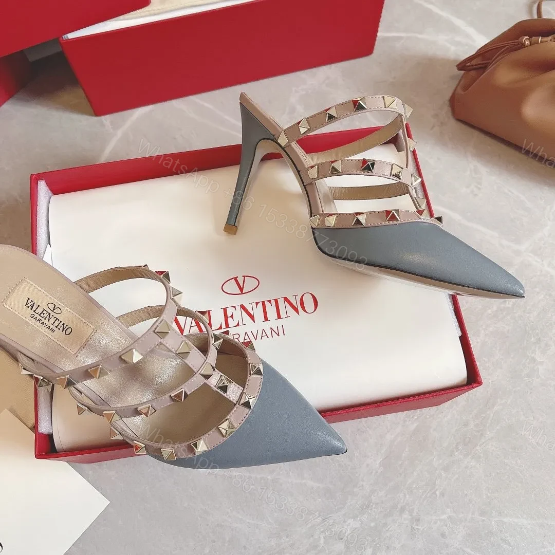 View 3 of Valentino Women Blue Leather Studded Mules