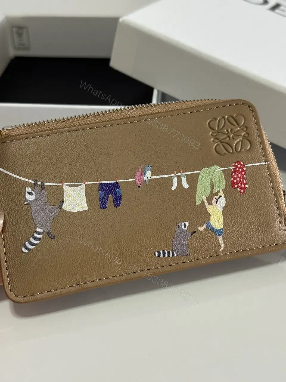 View 6 of Light Brown Leather Pebbled Wallet - ZipAround with Colorful Scene LOEWE Logo