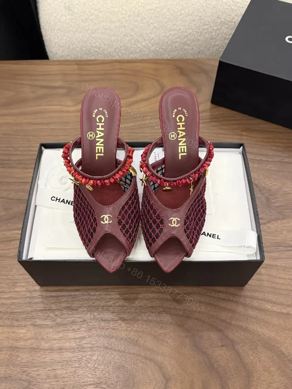 View 9 of Pink Leather Mesh Heeled Mules with Embellished Strap Product Type: Heels