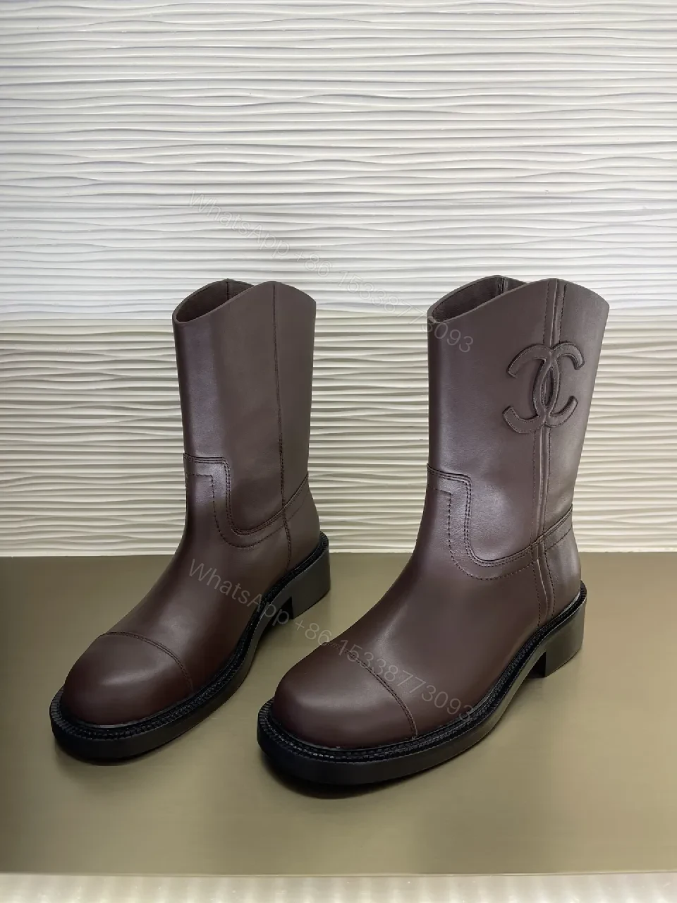 View 8 of Brown Leather Knee-High Boots with Subtle Couture Embellishment
