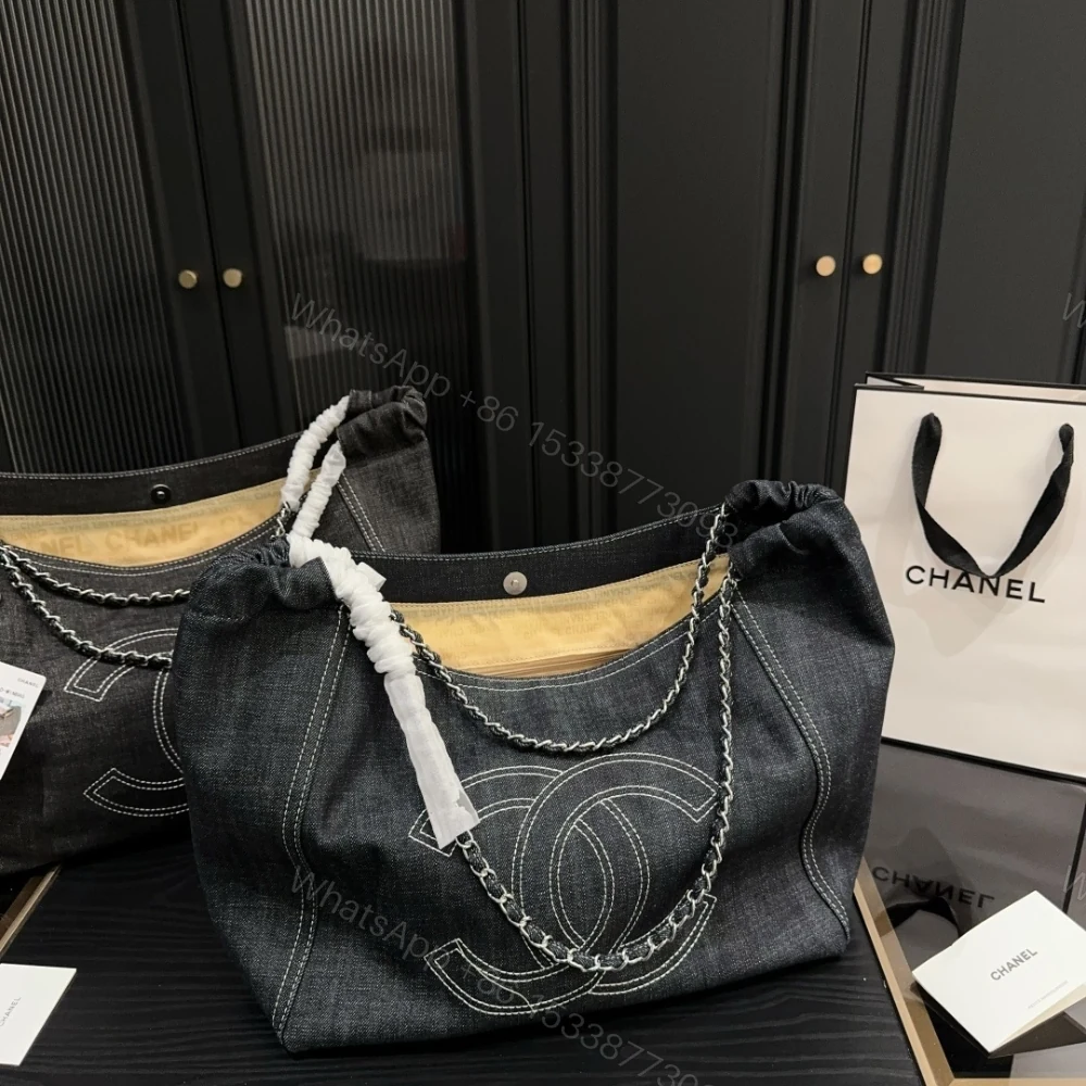 View 8 of Chanel Large Tote Bag Black Denim Chain Strap 36Cm