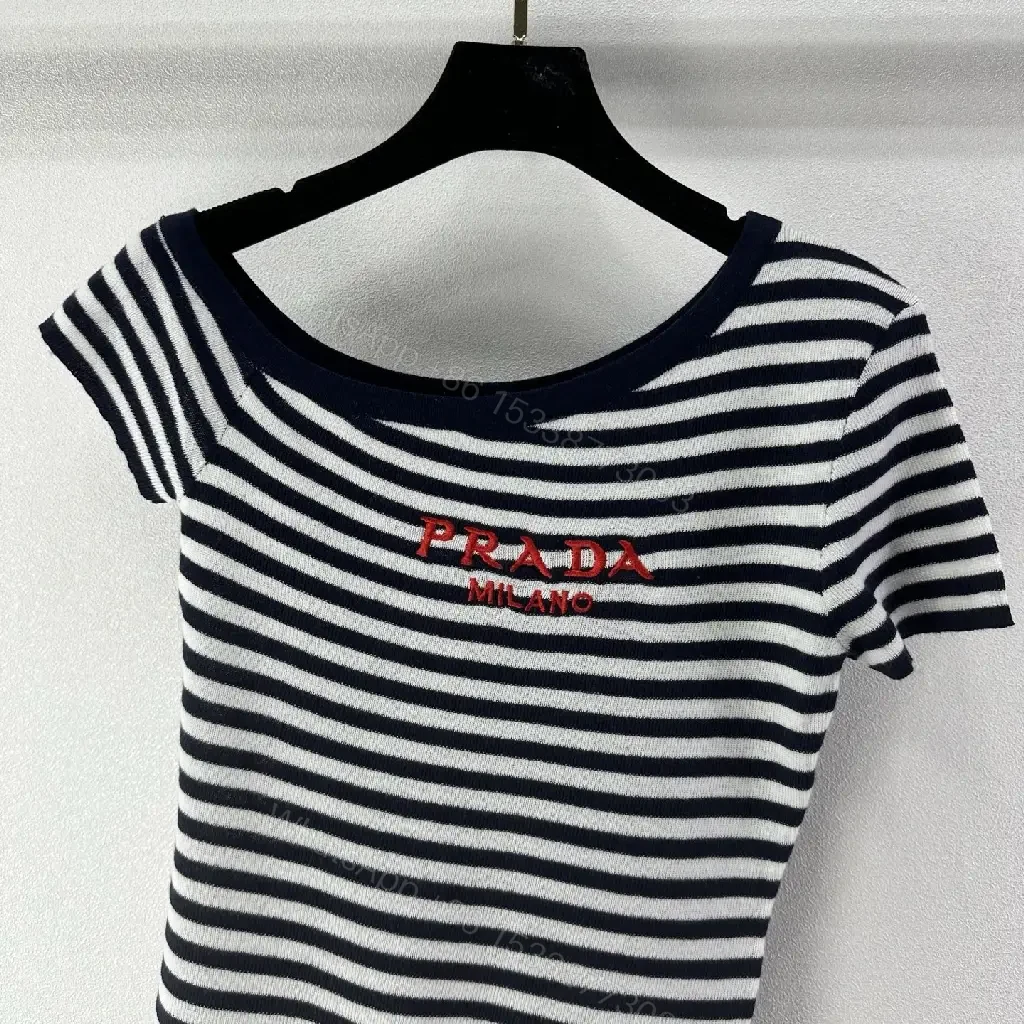View 6 of Navy Stripe Cropped Tee with Embroidered Prada Milano Text