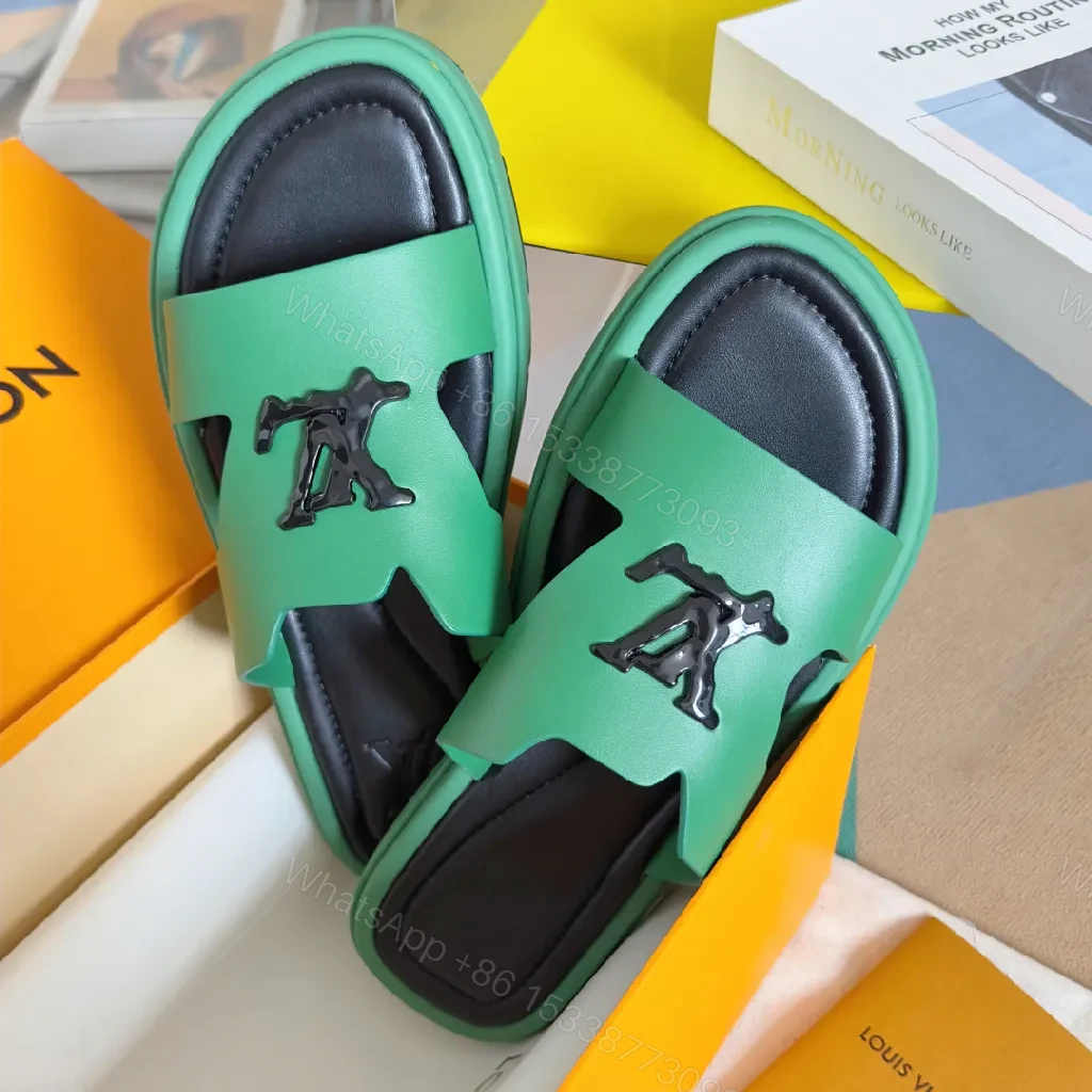 View 8 of Green Leather Sandals with Bold Logo, Comfort-Oriented Sandals