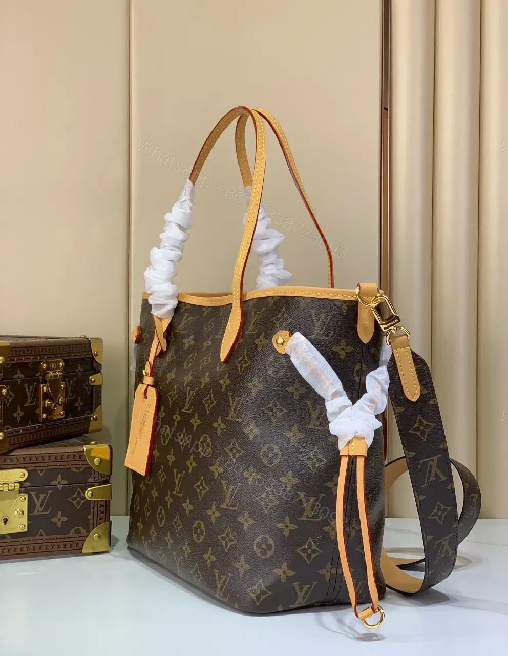 View 3 of Dark Brown Canvas Tote with Monogram Pattern and Leather Trim