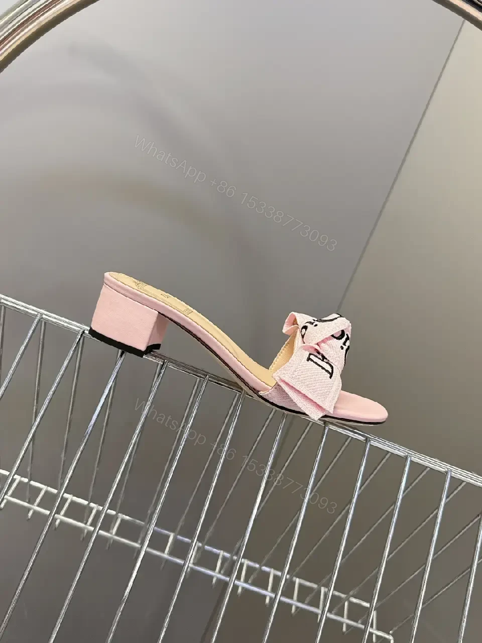 View 4 of Pink Leather Slide Sandals Dior Ribbon Bow Modern Glam Comfort Block Heel Sandal