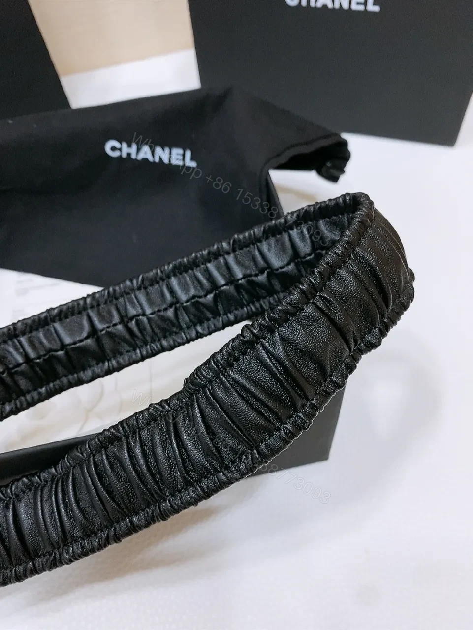 View 2 of Black Pleated Belt with Gold Logo Buckle