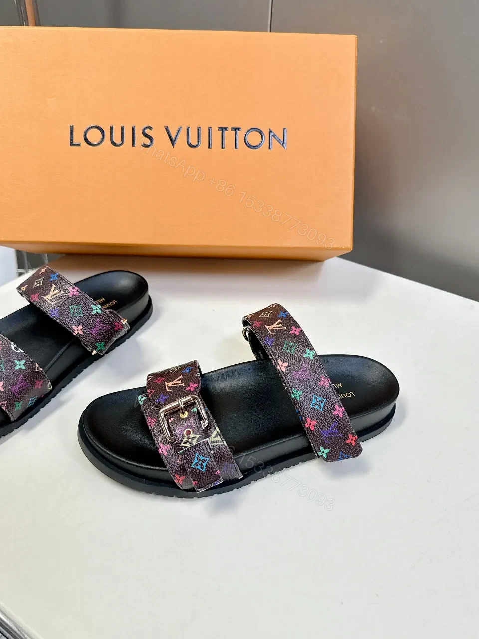View 7 of Multicolor Monogram Slides with Velcro Straps
