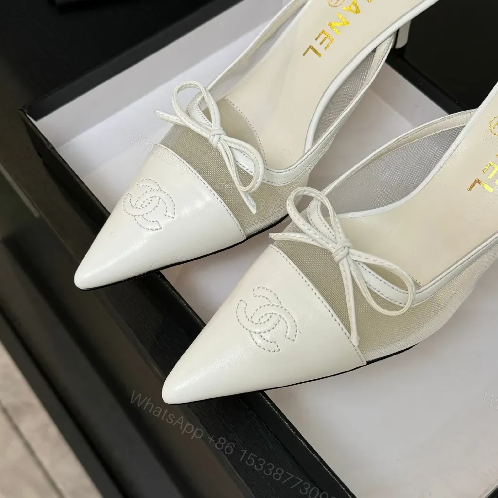 View 8 of White Leather Slingback Heels with Satin Mesh Inset, Pointed Toe, Kitten Heel