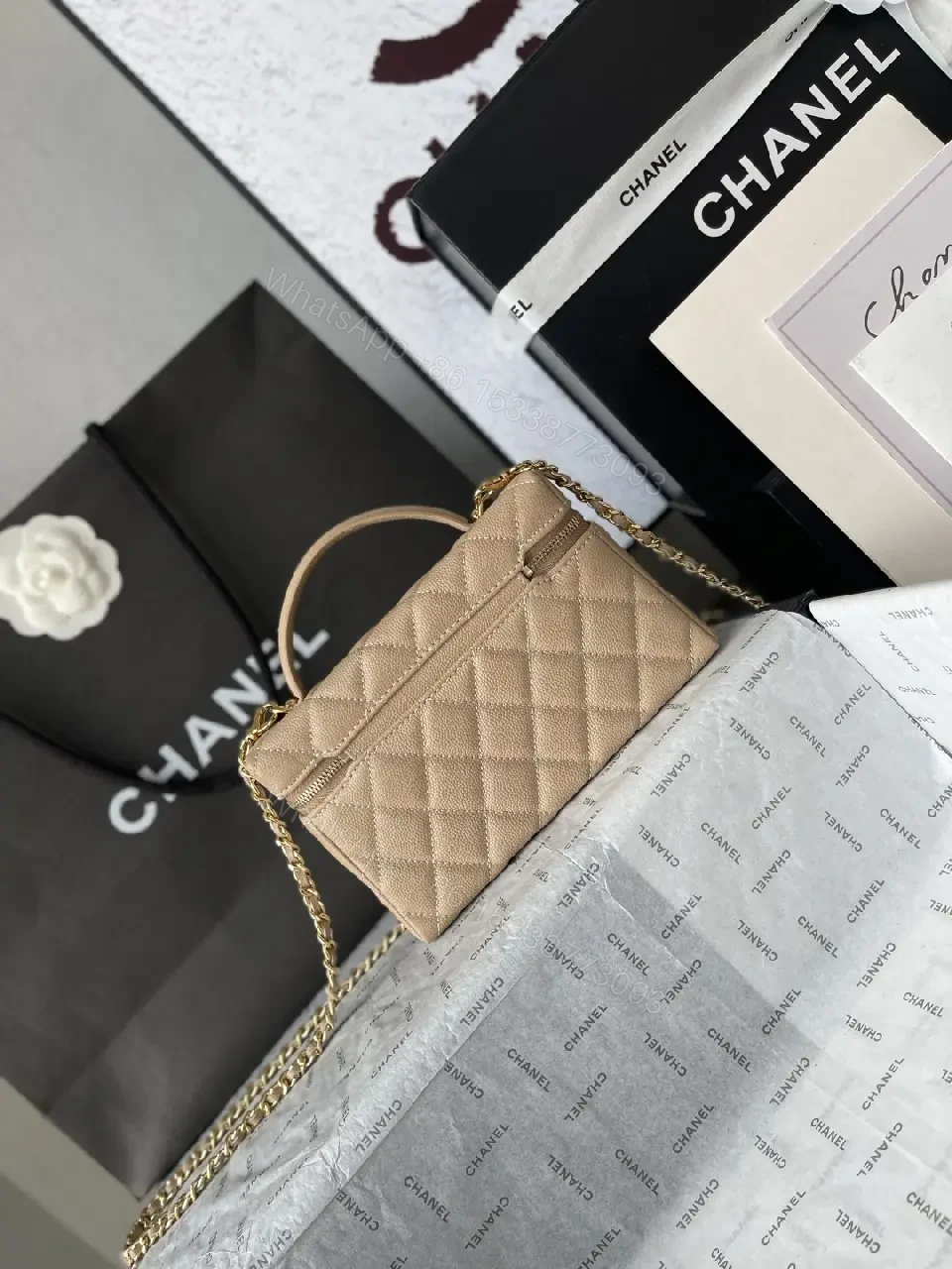 View 4 of Taupe Quilted Crossbody: Lambskin, Gold Chain, Classic Glamour