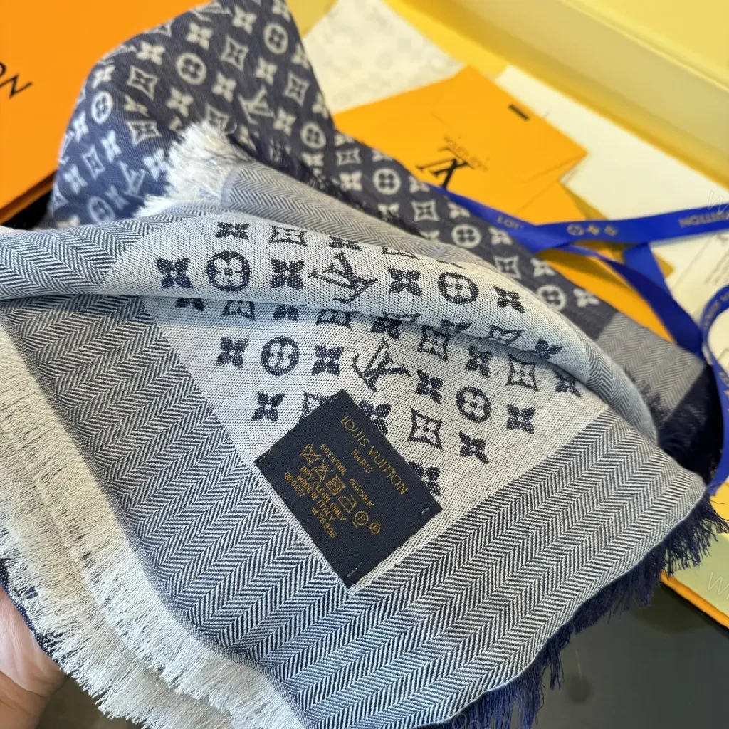 View 8 of Navy Monogram Scarf with Fringed Edge – Luxe Knit Wrap