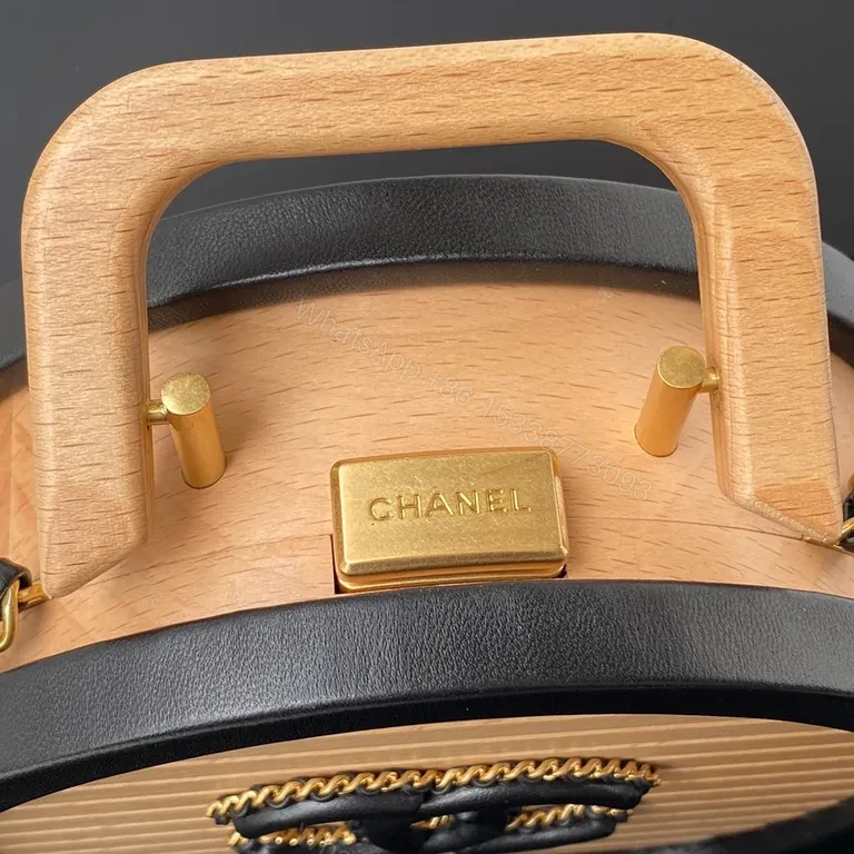 View 4 of Round Wood-Panel Shoulder Bag with Logo