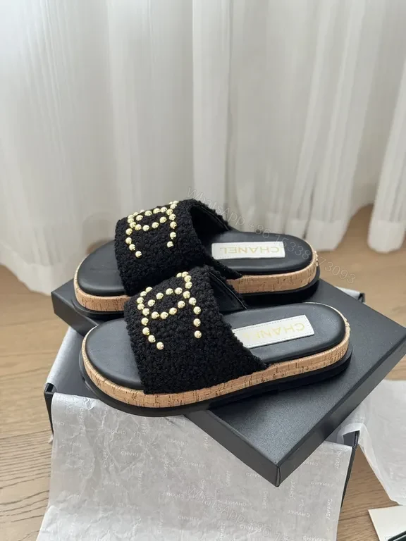 View 8 of Chanel-Inspired Black Knit Slides with Gold Logo Accents