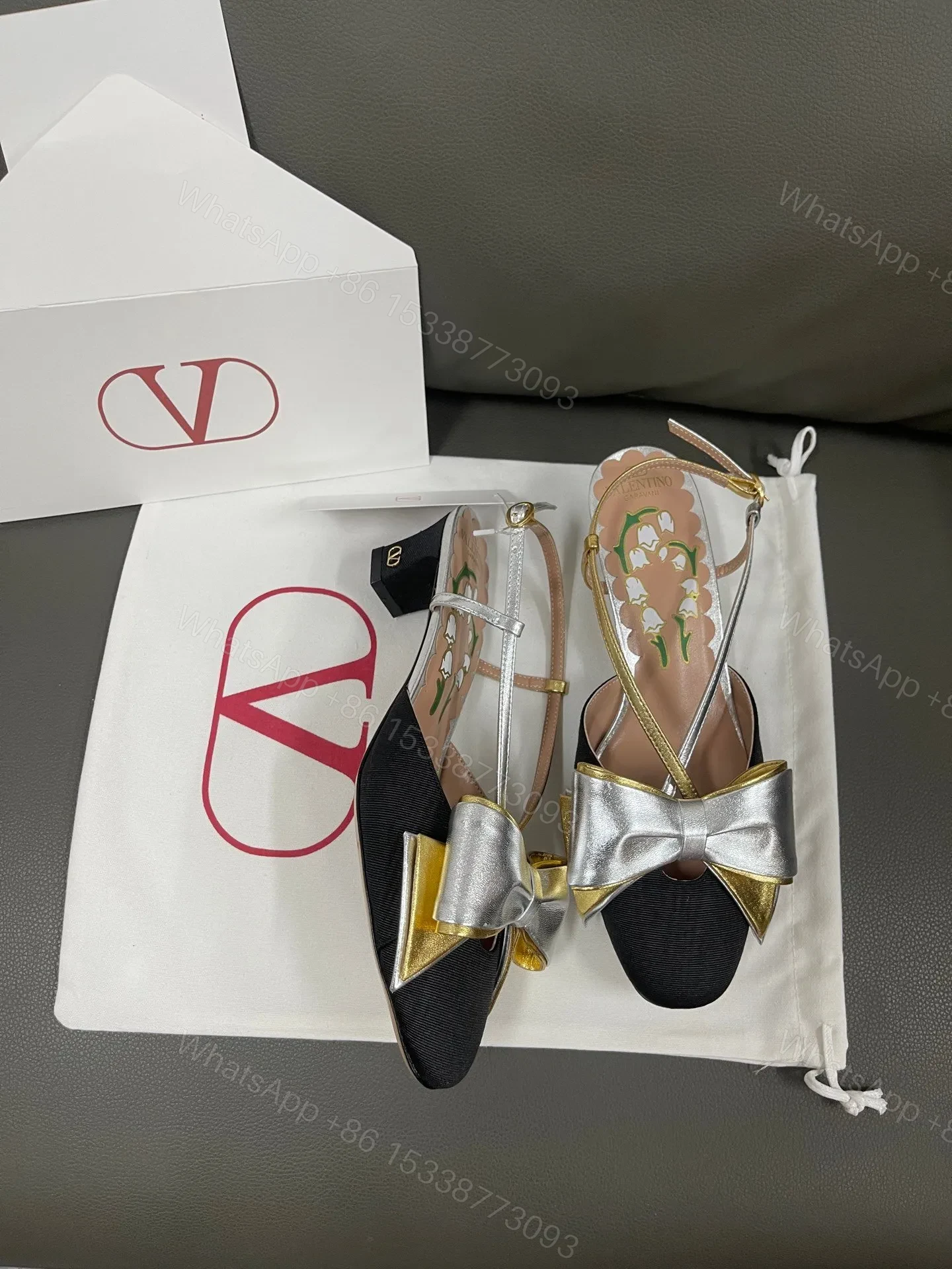 View 4 of Valentino Women Black Satin Silver Gold Leather Heels