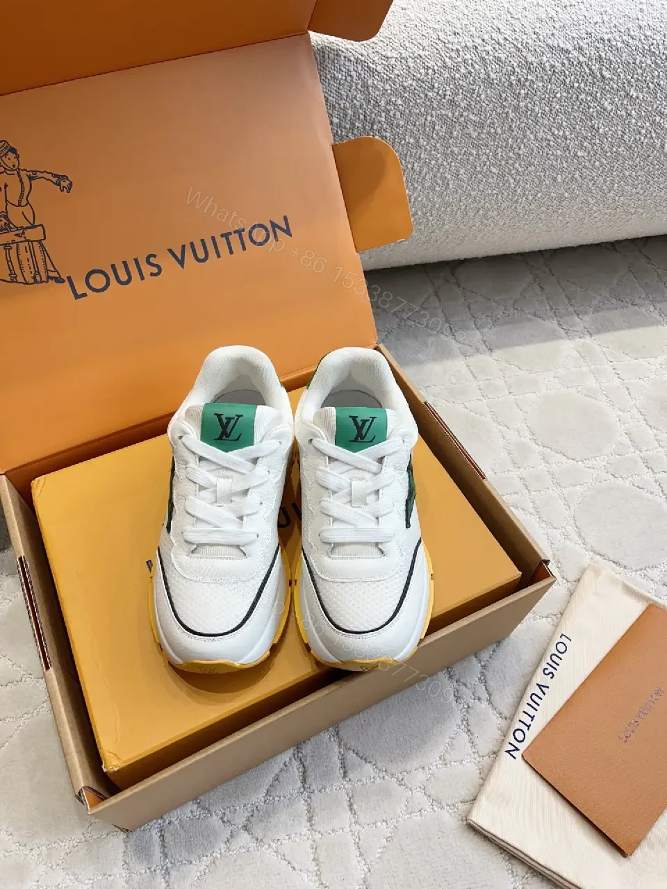 View 5 of Green Logo Knit White Leather Sneakers Lightweight Comfort Louis Vuitton Shoes