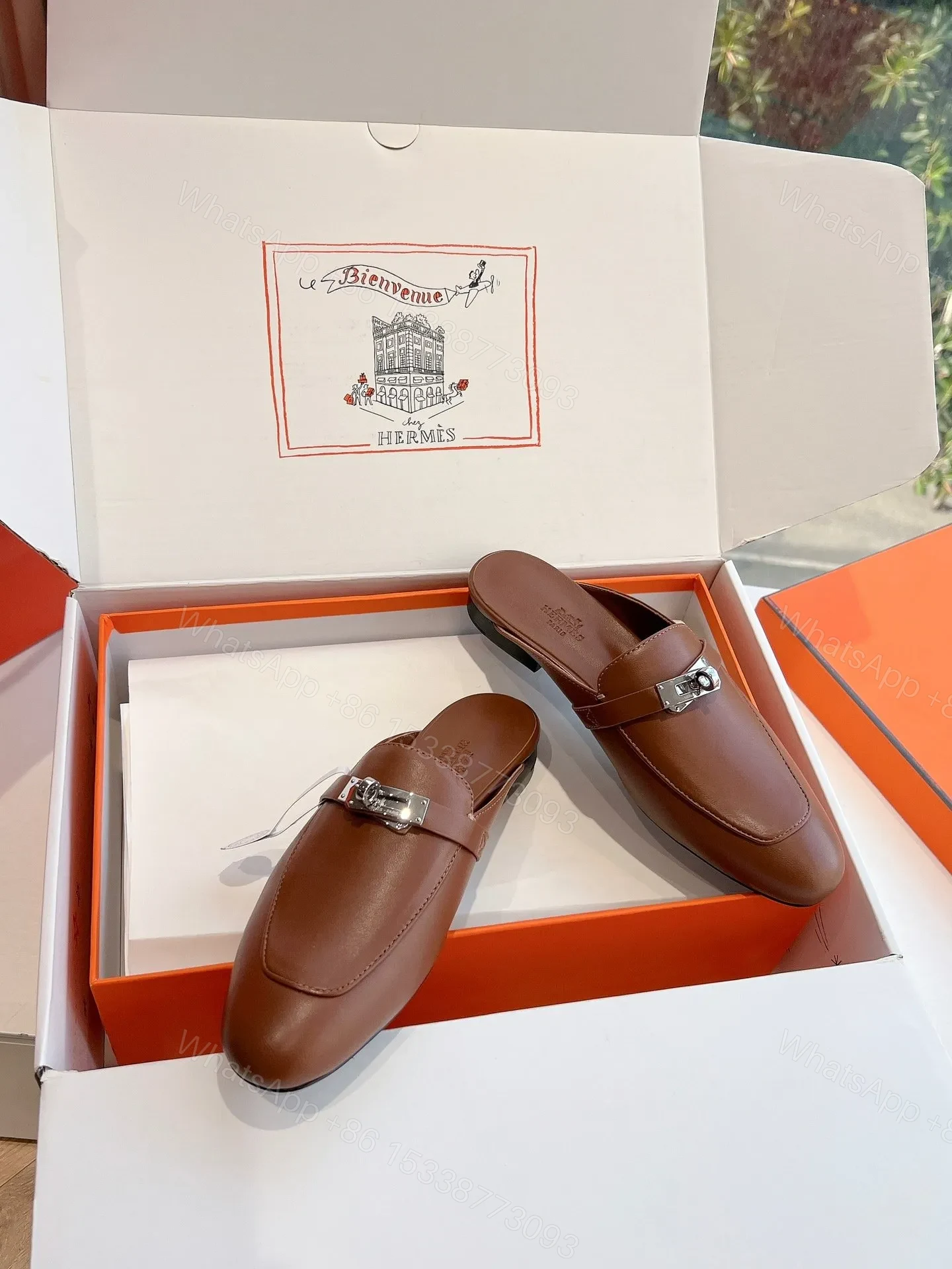 View 5 of Hermes Women Brown Leather Slip On Mules