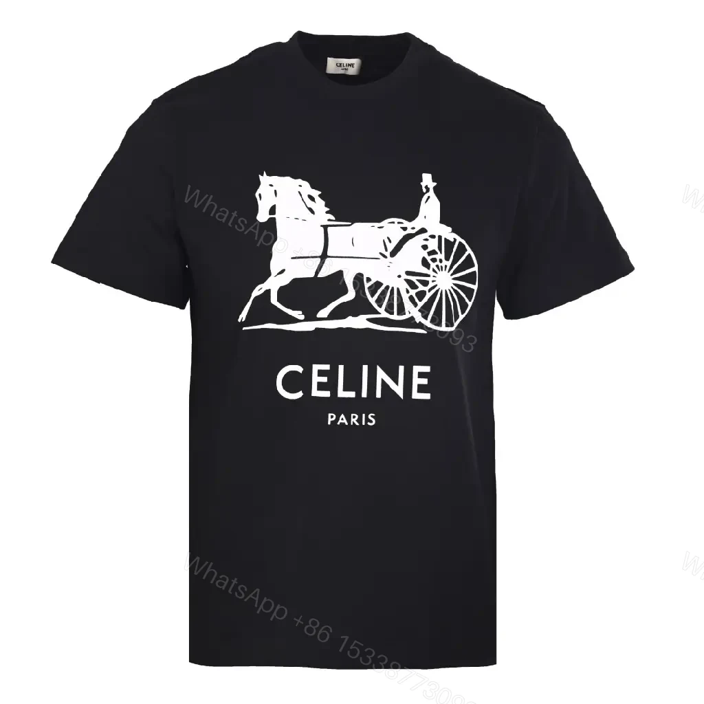 View 8 of Black Cotton T-shirt Large white horse-drawn carriage graphic CELINE PARIS T-shirt